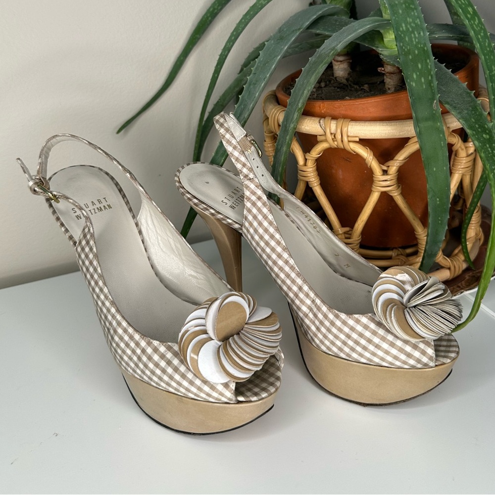 Stuart Weitzman Gingham Slingback Heels 7M | Platform Peep Toe Floral Bow - Picture 2 of 14